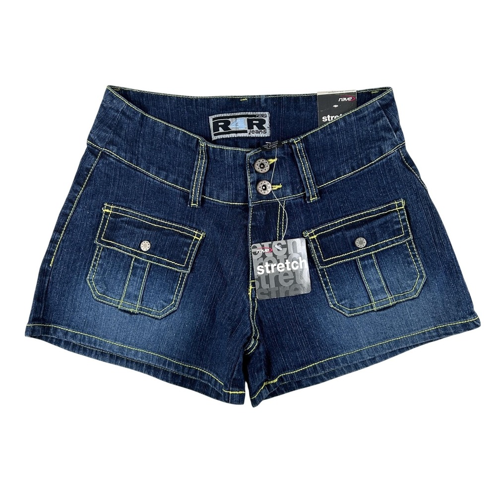 Vintage Rave Shorts Womens Size 1 Stretch Denim Cargo Pockets Button Zip New Y2K